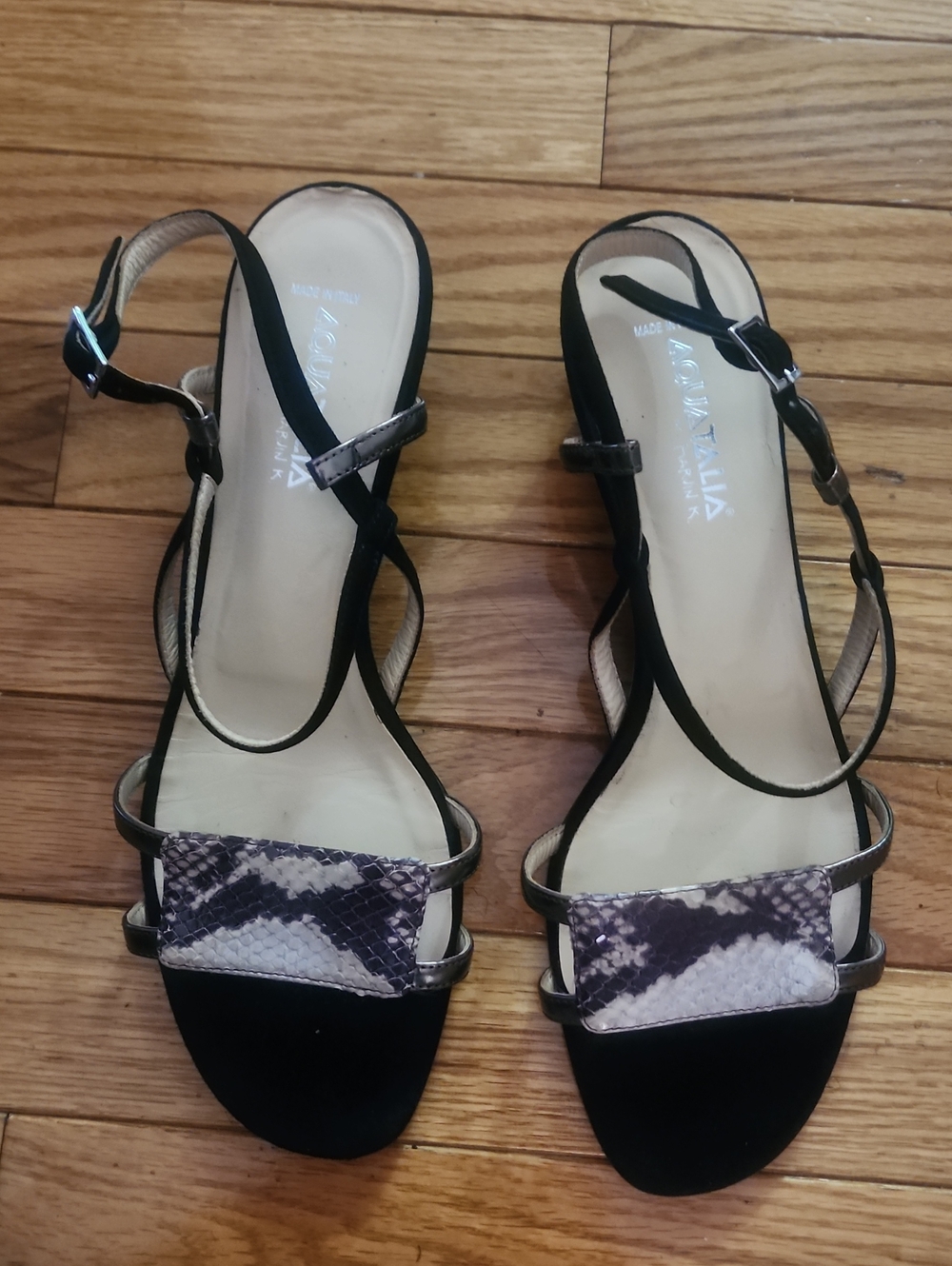 Aquatalia Black Strappy Sandals with Snakeskin Accent